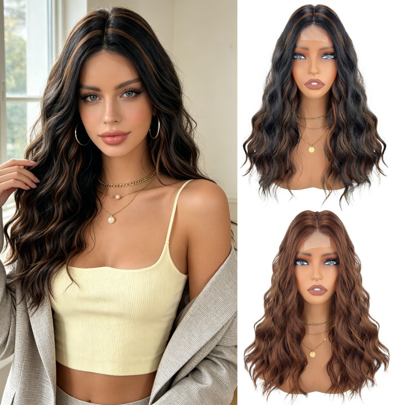 European and American cross-border women's lace front wavy wig, fashionable middle-part high-temperature fiber full headpiece, in-stock wholesale for foreign trade European and American cross-border women's lace front wavy wig, fashionable middle-part high-temperature fiber full headpiece, in-stock wholesale for foreign trade