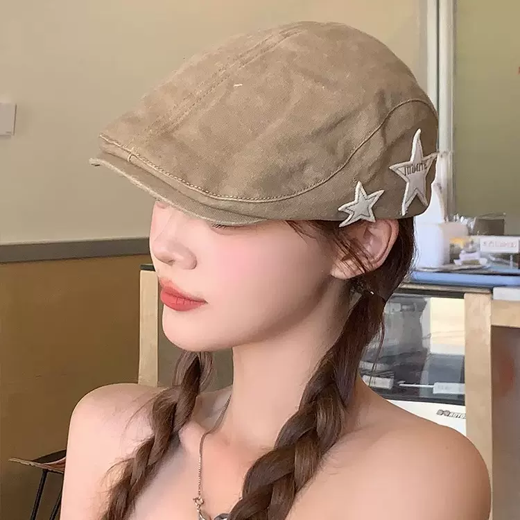 美式复古星星前进帽女英伦休闲简约百搭显脸小贝雷帽画家报童帽子