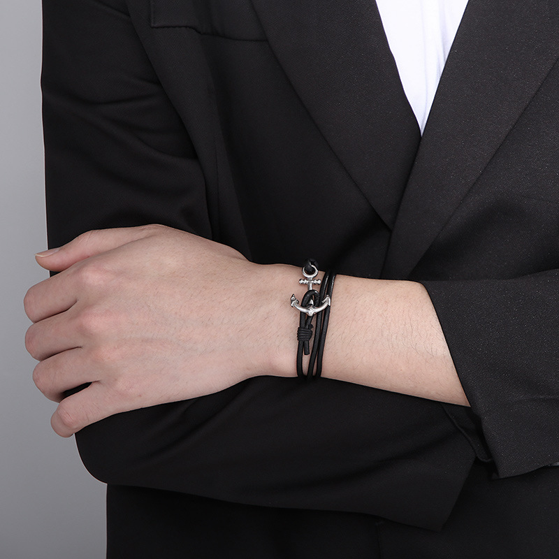 304 Stainless Steel Material Punk Simple Style Anchor Stainless Steel Cowhide Plating Men's Bracelets Men Cord & Leather Bracelets