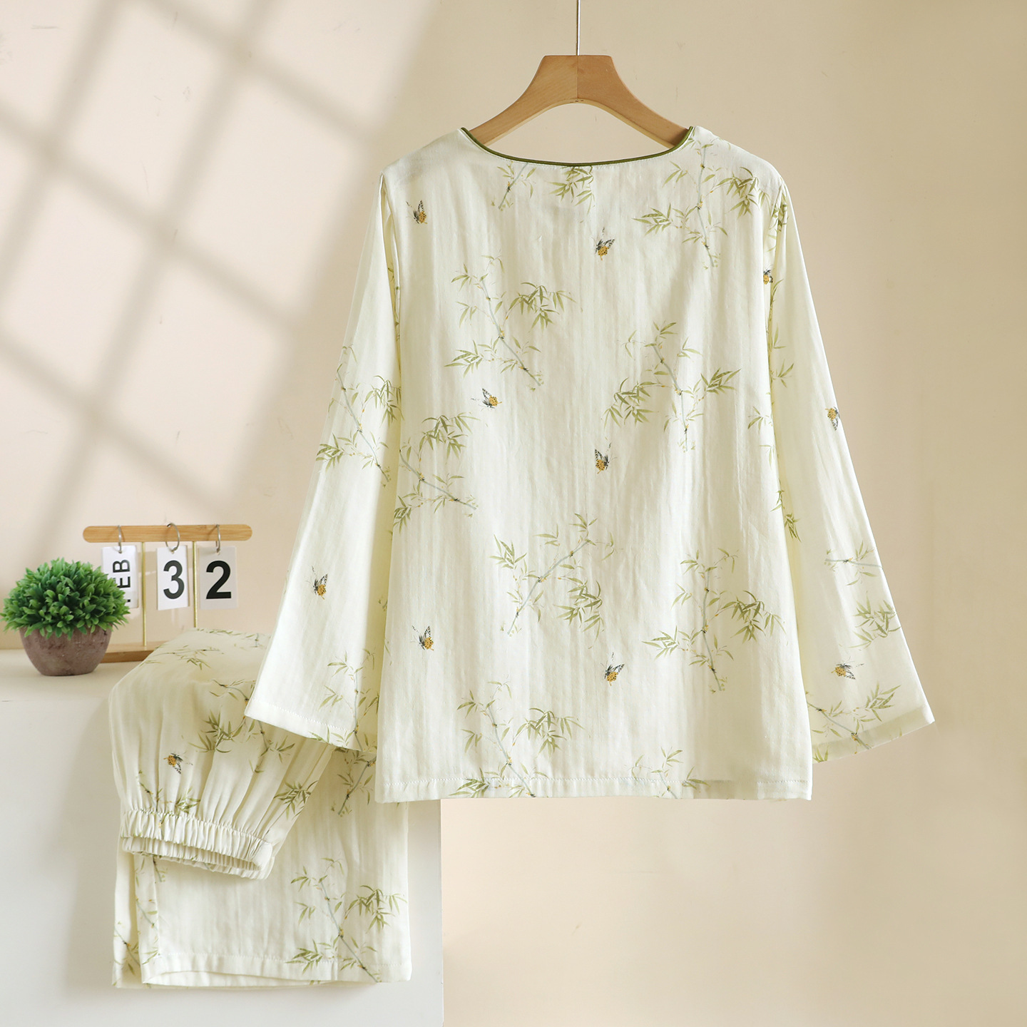 2026 Frühjahr/Sommer Neues Damen-Pyjama-Set 100% Baumwollgaze Chinesischer Stil Rundhals Dünne Ärmel Lange Hose Lose Hauskleidung – Detail 8