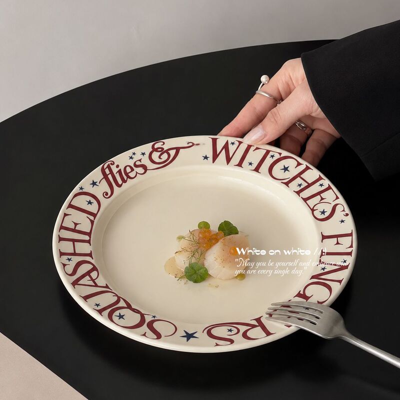 French-Style Retro English Letter Round Plate, Household Ceramic Cake and Dessert Plate, High Aesthetic Value Western-Style Pasta Flat Plate French-Style Retro English Letter Round Plate, Household Ceramic Cake and Dessert Plate, High Aesthetic Value Western-Style Pasta Flat Plate