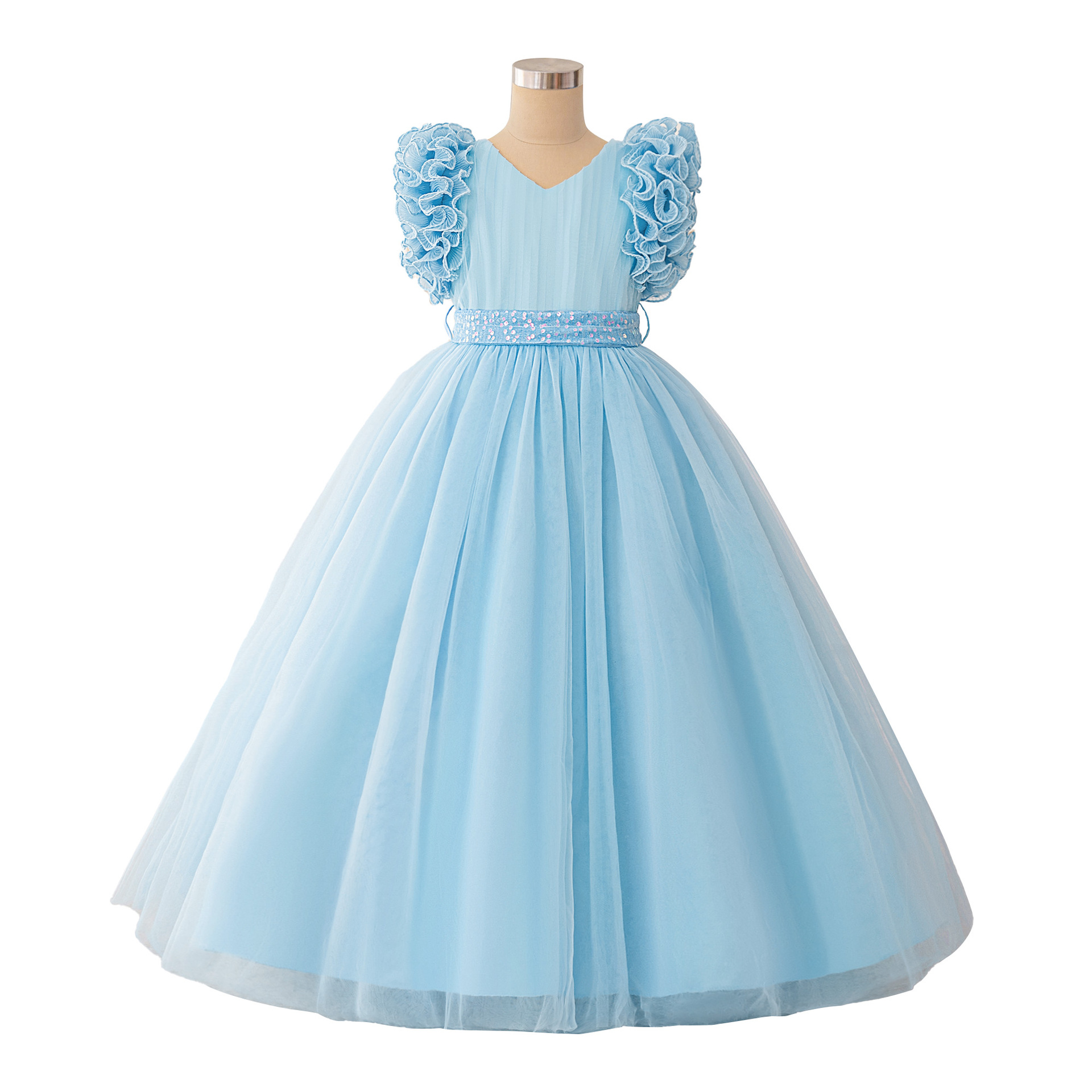 Nuevo vestido transfronterizo para niños, vestido de princesa, vestido de novia, vestido de malla, chaleco de cuello en V, vestido largo
