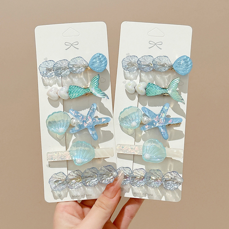 Azul mar conchas de cabello niñas sirena clips niños lindos laterales frises rotas toque de cabello
