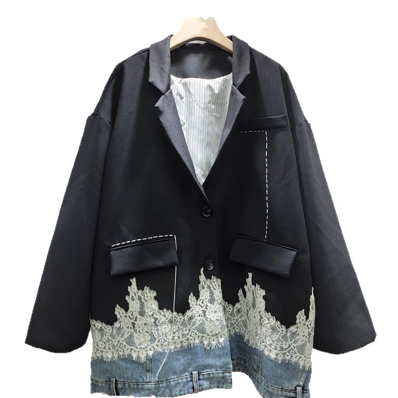 Saco Blazer con Retazos de Mezclilla y Encaje de Mezcla de Algodón y Poliéster con Manga Larga