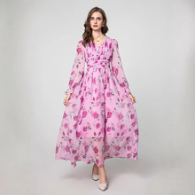 欧洲站春秋女装新2025优雅法式复古V领玫瑰印花乔其纱长袖连衣裙