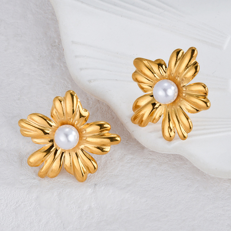 Daily Occasion Wholesale Jewelry IG Style Flower Bow Knot 304 Stainless Steel Pearl Inlay Rings Earrings
