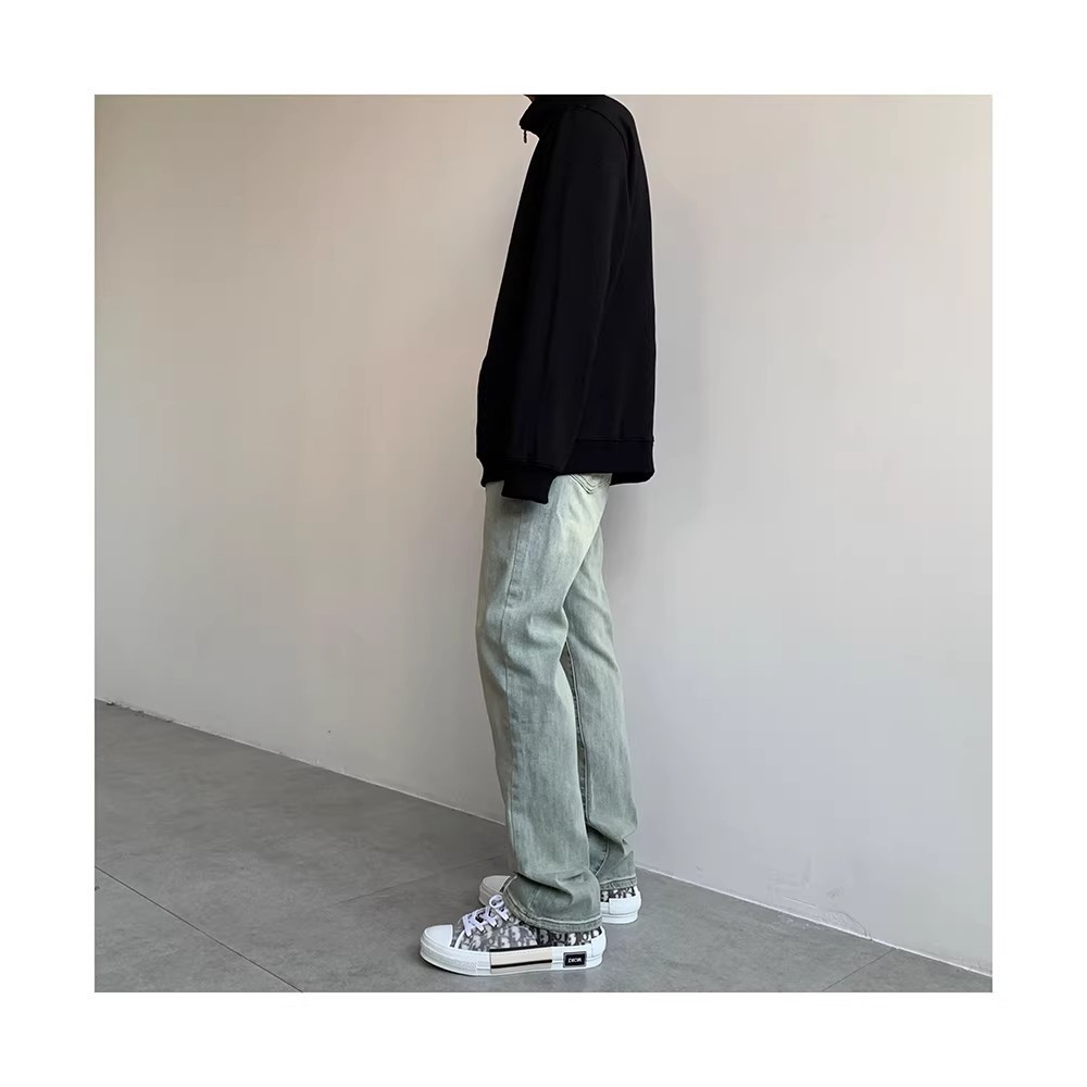 Men's High Elasticity Yellow Mud Dyed Straight Leg Jeans Loose Fitting Trendy Casual Retro Slimming Extra Long Pants_mkmklike.com