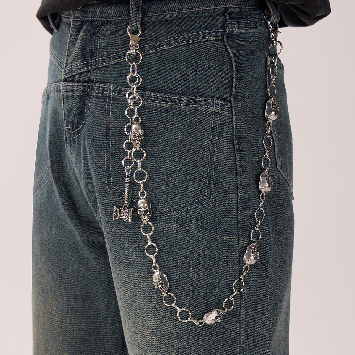 Pantaloni in metallo personalizzati per uomo, decorazione jeans, catena alla moda con ciondolo a forma di teschio, hip-hop vintage_voghion.com