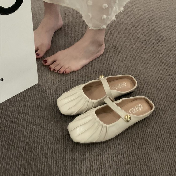 Media pantuflas Baotou de fondo plano para mujer con zapatos Mary Jane 2025 nuevas sandalias y pantuflas perezosas de primavera y verano de todo fósforo Muller