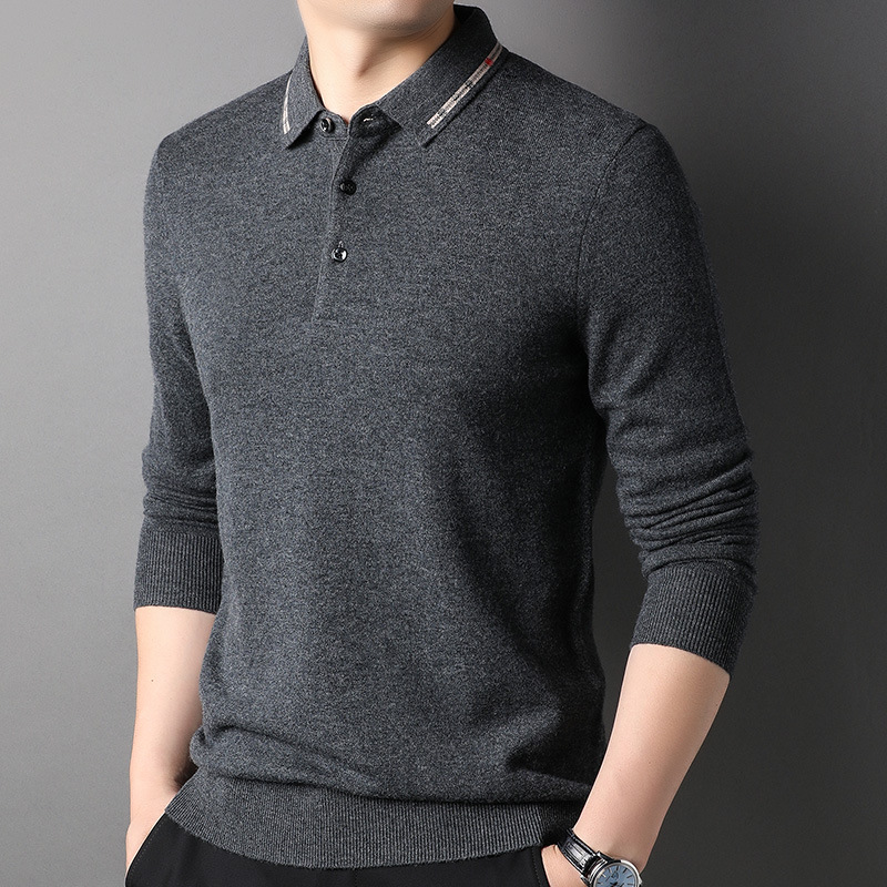 100 순수 양모 스웨터 남자 옷깃 스웨터 뉴 푸위안 스웨터 올 매치 니티드베이스 셔츠 탑