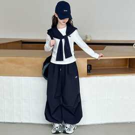 女孩拼接工装裤两件套中大童春秋新款披肩时尚叠穿打底衫裤套装潮