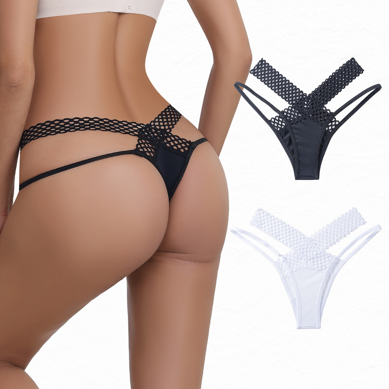 European and American Sexy Fishnet Panties for Women with Cross Straps, Thong Hollow-Out Binding, Low-Rise T-Back Hot Sexy Panties