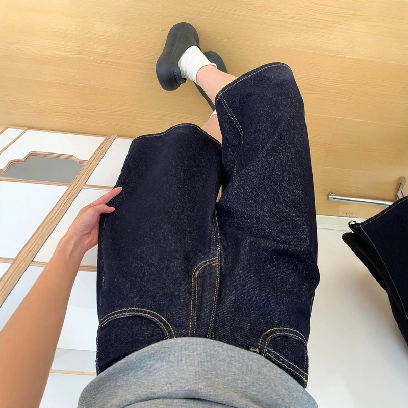 Dark Blue Wide-Leg Denim Cropped Pants for Women, New Summer Style, Plus Size, Loose Fit, Slimming, Suitable for Pear-Shaped Body, Straight-Leg Pants