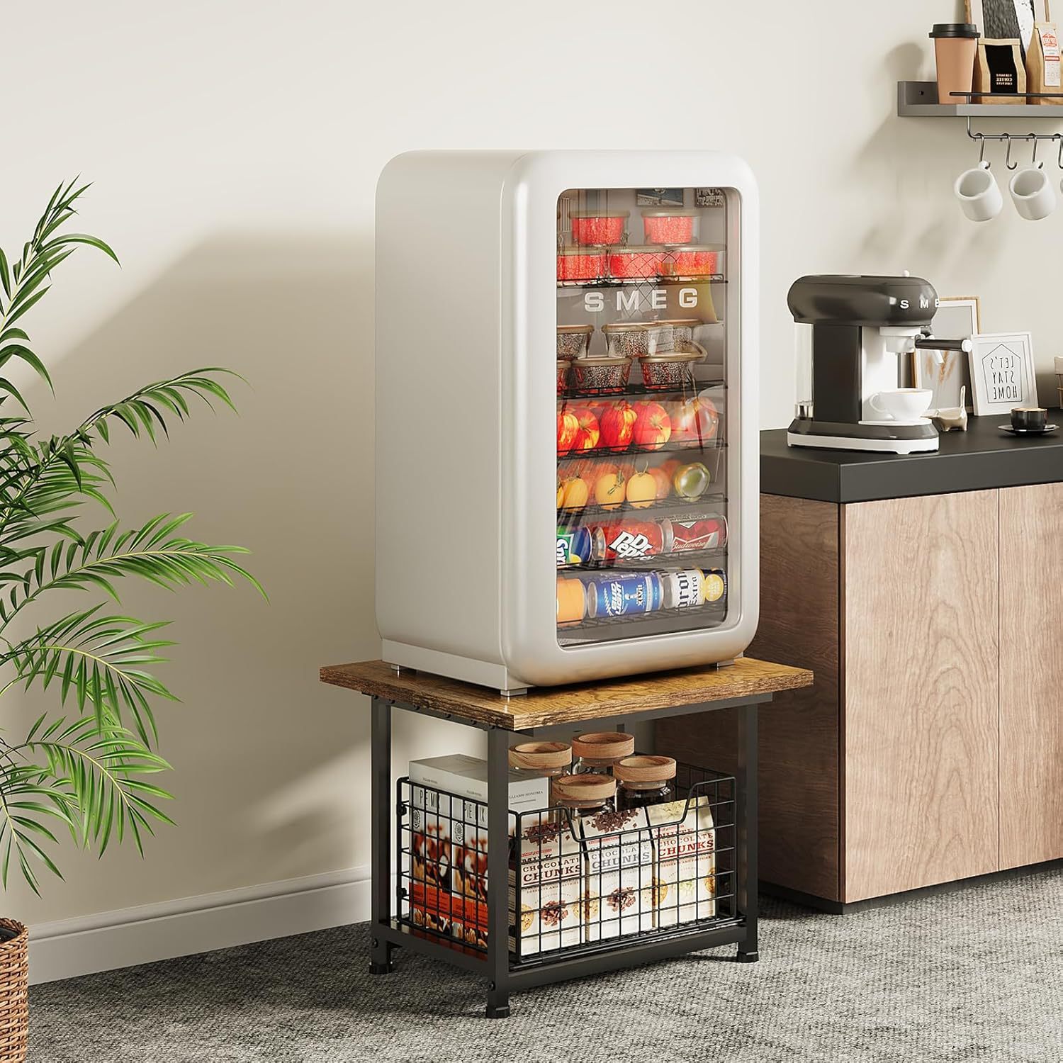 Cross-Border Mini Refrigerator Stand with Movable Storage Basket, Printer Bedside Table with Wheels and Adjustable Foot Pads