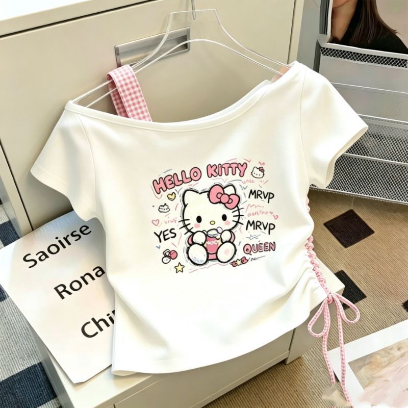 Girls' Summer Off-Shoulder Short-Sleeve T-Shirt, New Style, Trendy, One-Shoulder, Popular Design for Middle and Large Children, Girls' Short-Sleeve Top