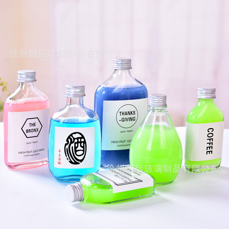 厂家直发扁瓶果汁饮料瓶酒瓶水滴瓶咖啡冷饮奶茶瓶轻断食玻璃空瓶