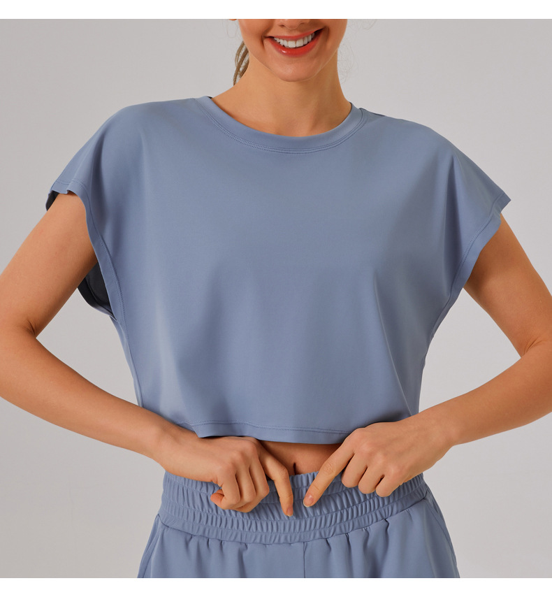 Solid Color round Neck Quick Dry Short Sleeved Top Faux Two Pieces Anti Exposure Shorts Loose Sports Yoga Fitness Set