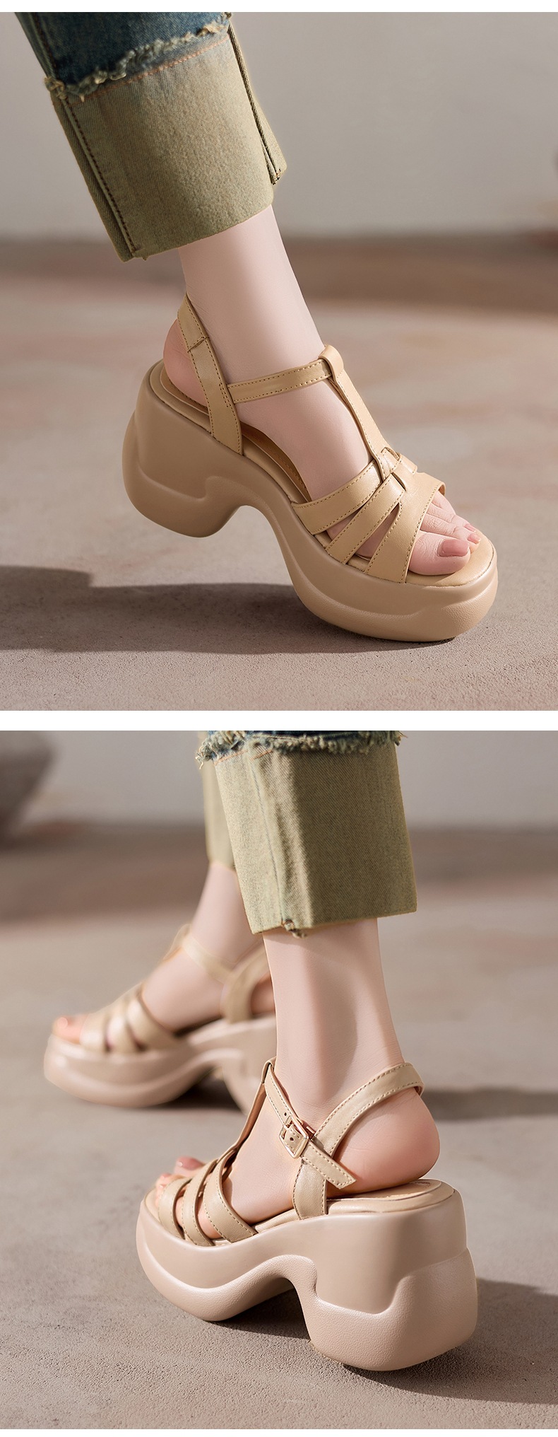 Sandal nữ hở mũi da bò thật gót xuồng đế dày quai chữ T — màu trắng ngà chi tiết 5