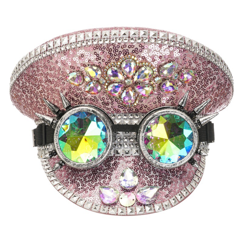 Gorra de lentejuelas con remaches y pedrería acrílica, estilo festival, ideal para eventos de música o fiestas