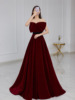 Velvet burgundy wedding dress for bride, evening dress, suitable for import, European style, open shoulders