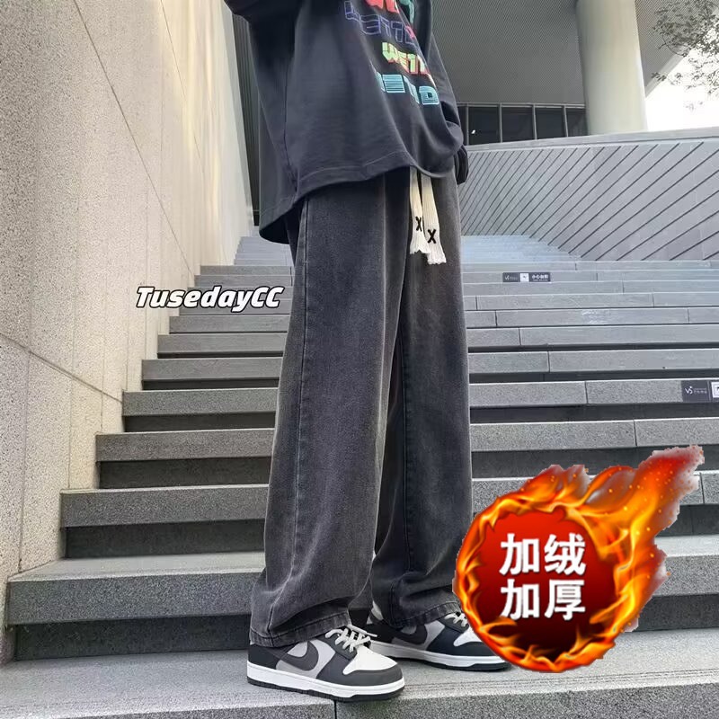 跨境外贸牛仔裤男款秋冬加绒加厚直筒美式高街宽松黑色牛仔长裤子