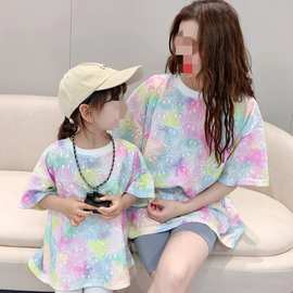 夏季新款扎染T恤短袖亲子装一家三口四口韩版休闲时尚母女父子装
