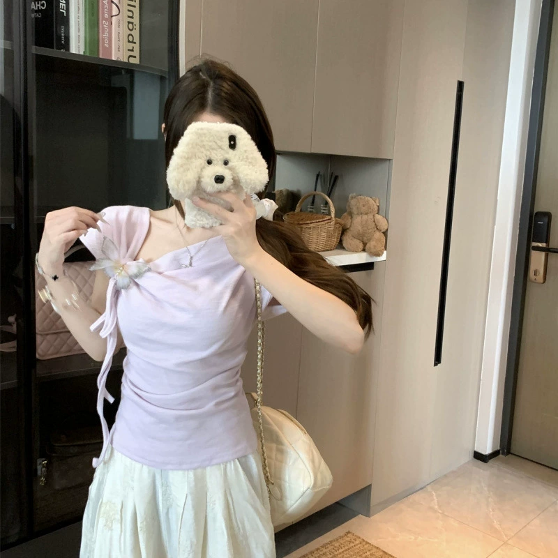 Атмосферная бабочка, трехмерная короткая рукавная корейская рубашка, нежный летний дизайн 2025, новый тонкий топ, облегающий крой.