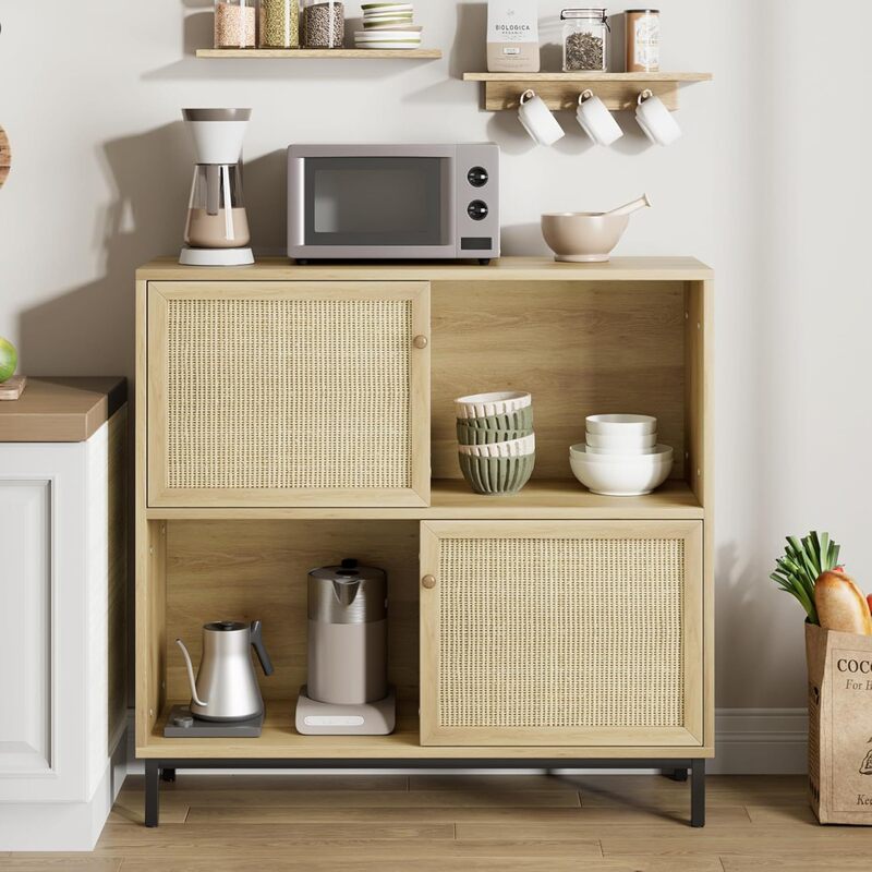 Buffet Cabinet with Storage Rattan Woven Coffee Bar Cabinet Small Side Cabinet with Sliding Door for Kitchen Dining Living Room