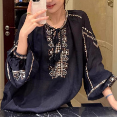 乱麻条法式独特大方得体高级感上衣藏青色灯笼袖衬衫女2025秋季潮