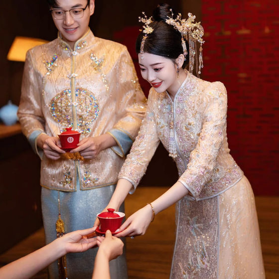 Champagne Color Xiuhe Dress Wedding Dress 2025 New Chinese Style Wedding Dress Golden plus size Bride chubby girl Toast Dress Summer