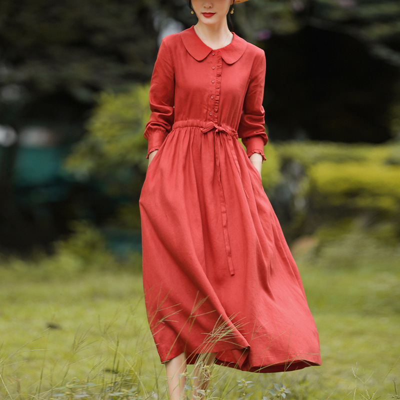 2023 autumn new long sleeve linen dress lace doll collar large swing dress lantern sleeve travel artistic women's clothing