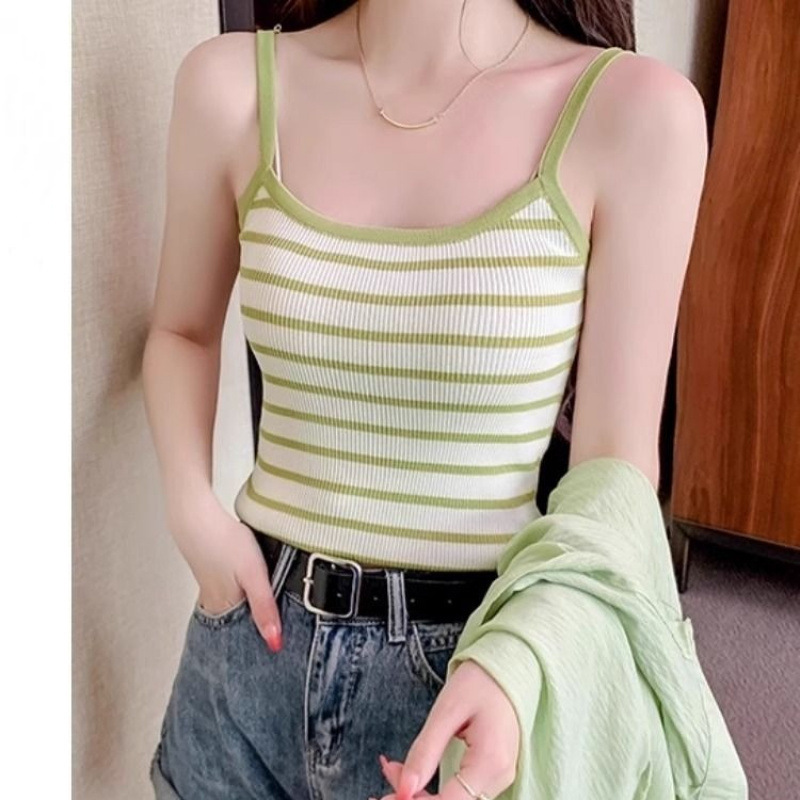 French Style High-end Striped Sling Knitted Vest Women's Summer New Korean-style Contrast Color Slim-fit Short Top French Style High-end Striped Sling Knitted Vest Women's Summer New Korean-style Contrast Color Slim-fit Short Top