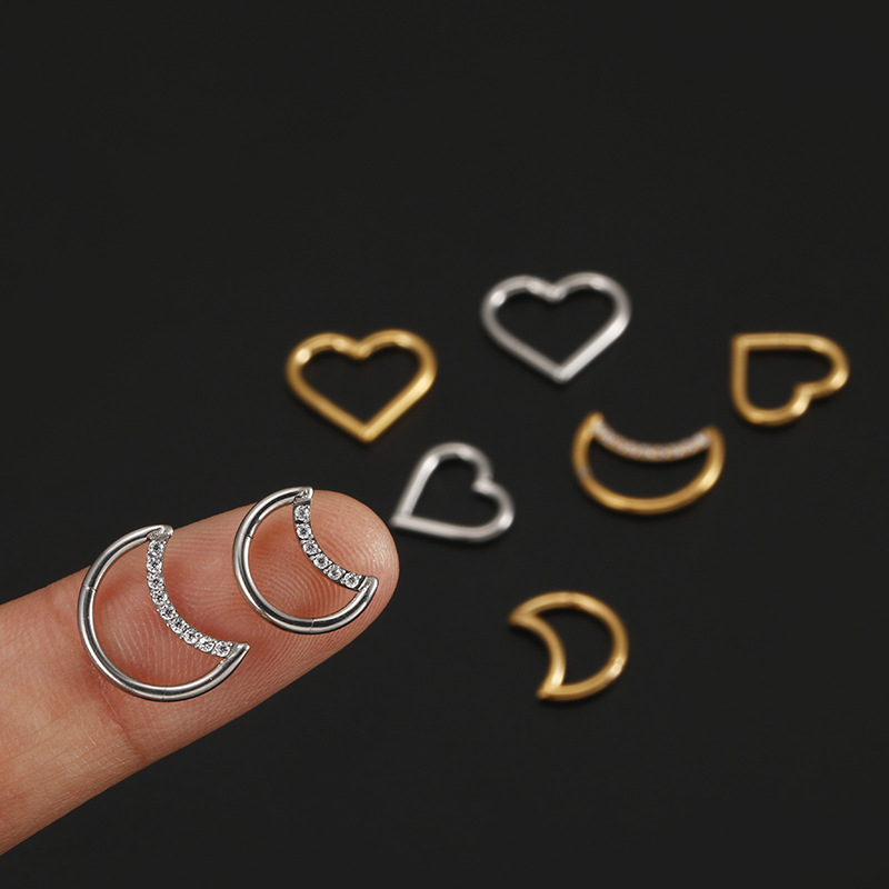 Zircon Inlay Material Ear Cartilage Rings & Studs, Nose Pin Piercing Type Streetwear Moon Heart Shape Stainless Steel Nose Ring Nose Pin