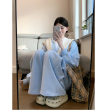 时尚炸街运动服套装女春秋季慵懒风披肩卫衣阔腿裤宽松休闲三件套