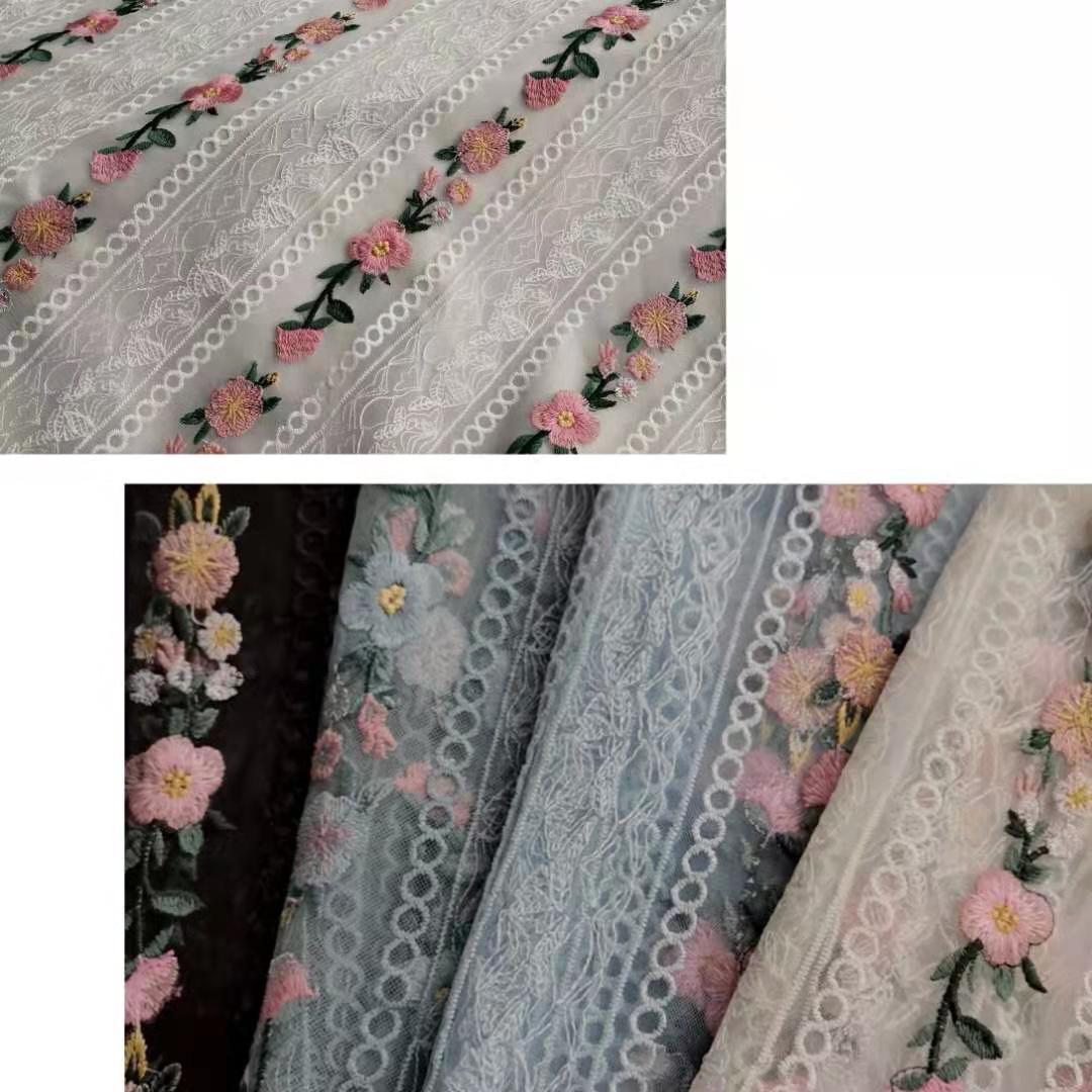 【新品】好品质特密美国网间隔竖条多色小花立体刺绣 特色款现货