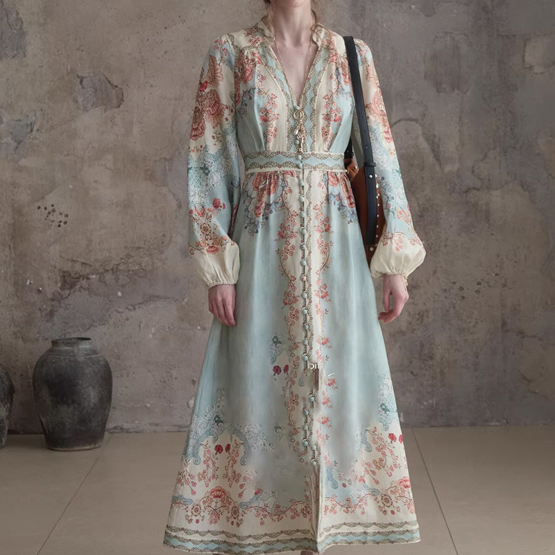 In Stock: Monet's Letter Paper Style Linen Handmade Floral Dress, French Style, Waist-Cinching, Seaside Vacation Long Dress