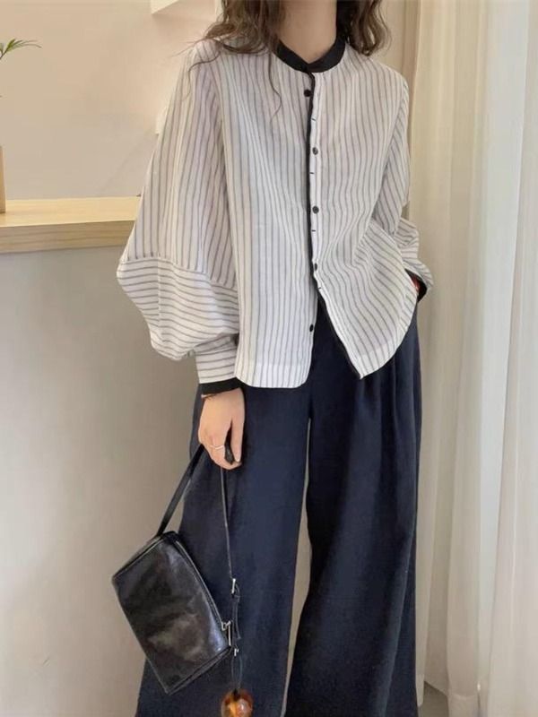 灯笼袖竖条纹休闲衬衫女2025早秋新款女设计感上衣条纹衬衣A6447|undefined