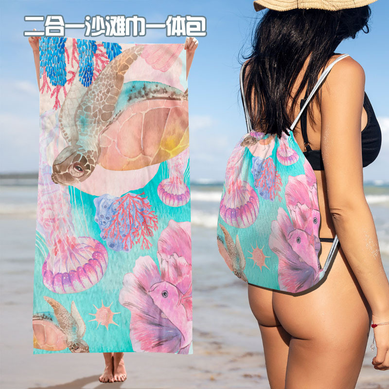 Beach Towel All-In-One Bag, Outdoor Foldable Storage Backpack, Microfiber Printed Bath Towel, Beach Bag All-In-One