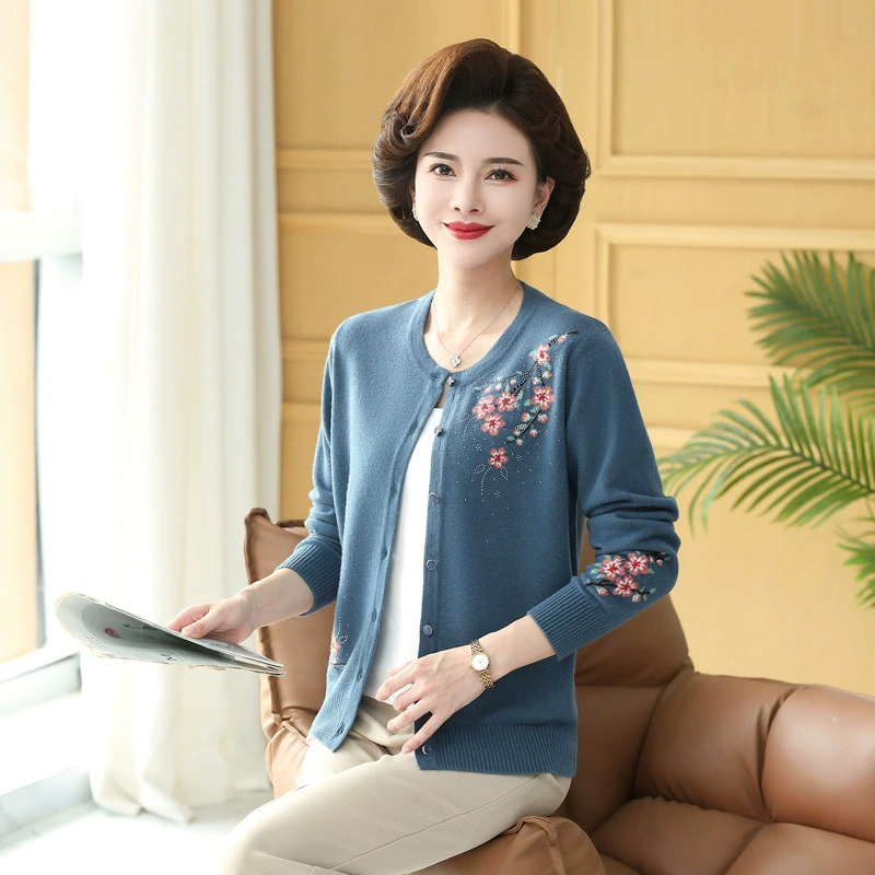 Новый осенне-зимний шерстяной кардиган для мам, свитер для женщин среднего и старшего возраста, вязаная куртка, тонкий женский топ с длинными рукавами