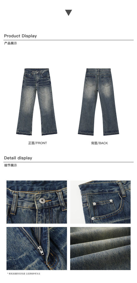 Quần jean nam ống loe nhẹ họa tiết râu mèo phong cách retro dáng rộng — Màu xanh dương chi tiết 4