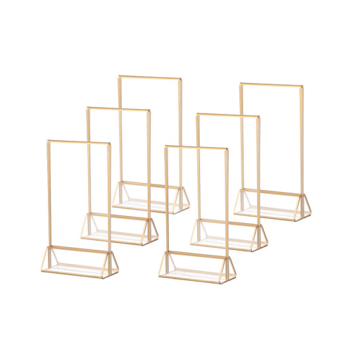 Acrylic standing signs with detachable gold-edged table cards, restaurant-specific price tags, and vertical table cards—wholesale available.
