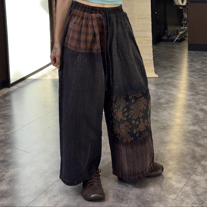 Old Cloth Casual Pants for Women, Spring & Fall Style, Literary Retro Patchwork Loose Slimming Look Elastic Waist Wide Leg Straight Pants 308