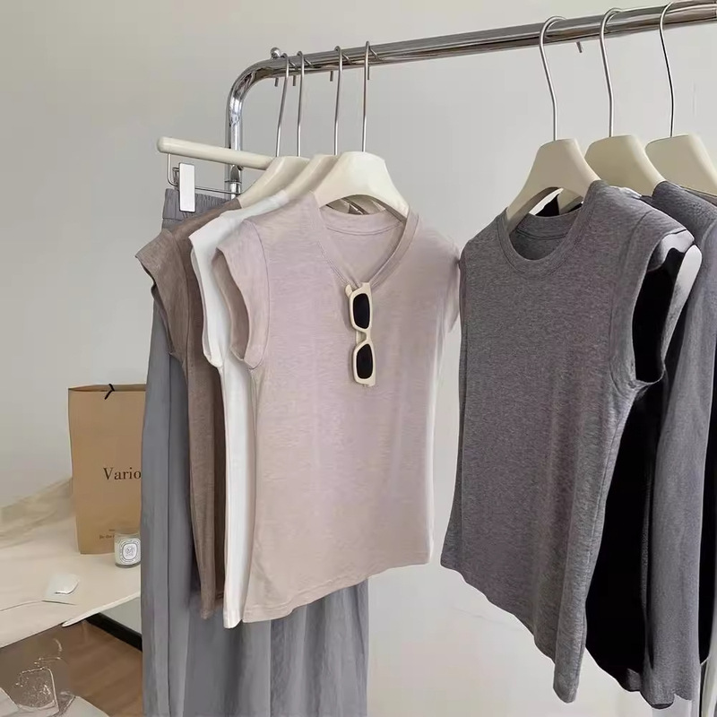 Lightweight and Comfortable Pure Cotton Sleeveless Shoulder T-shirt Vest Women's 2024 Summer Slim-fit Small Flying Sleeve Short T-shirt Top