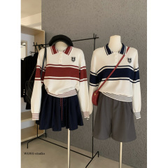 塞纳WGWE6935学院风撞色POLO领长袖T恤女新款设计感宽松显瘦上衣