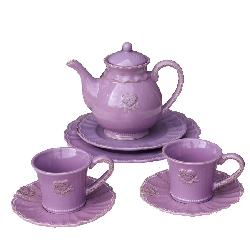 紫色茶具 浮雕陶瓷精致出口下午 爱心三盘 麦片杯 双层点心盘饭碗