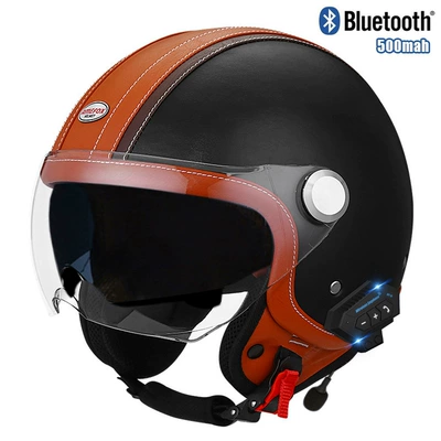 Motosiklet kaskı (dəbilqə) – double mirror bluetooth leather helmet - brown-and-black-short-outside-and-tea-inside-bluetooth-m