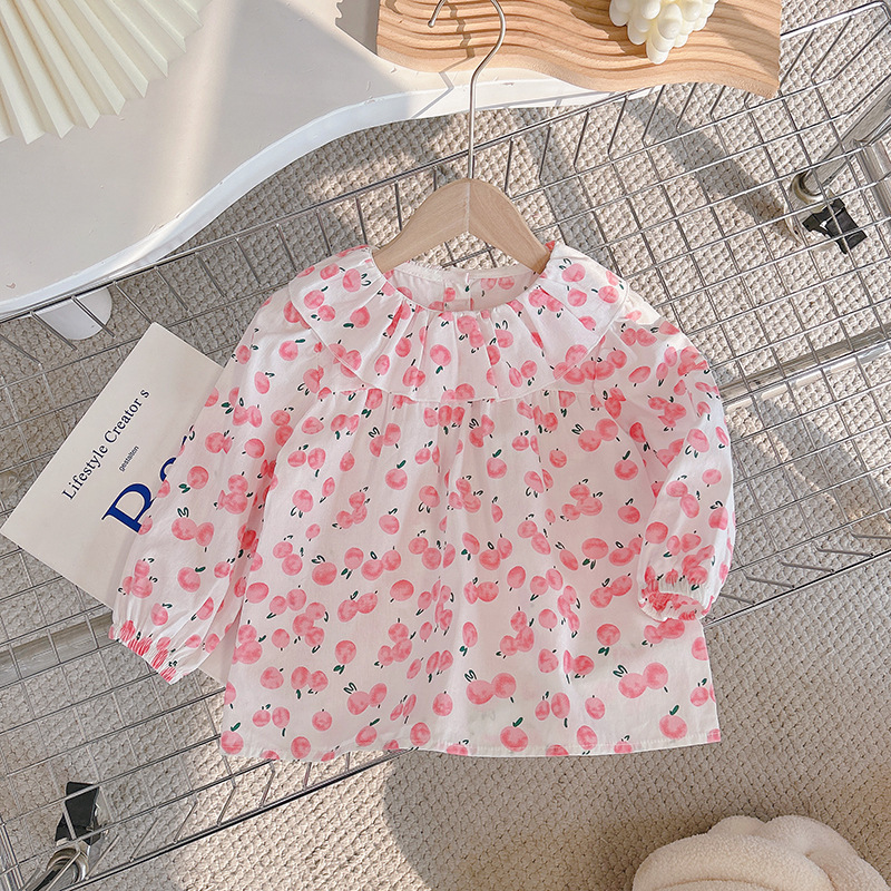 Girls' New Pure Cotton Girls' Shirts Spring & Fall Long-Sleeved Doll Collar Doll Shirts Sweet Korean Style Fashionable Baby
