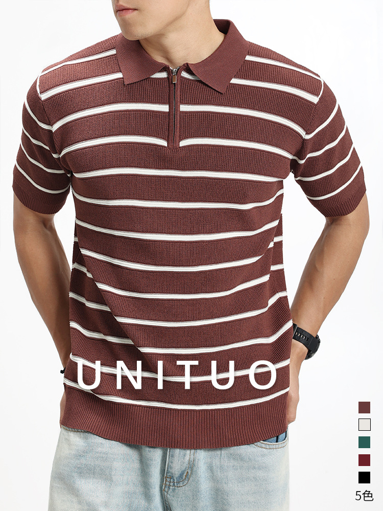 Camiseta de polo de punto a rayas horizontales de alta calidad, semia cremallera, texturizada, camiseta de mangas cortas de viaje de negocios para hombres