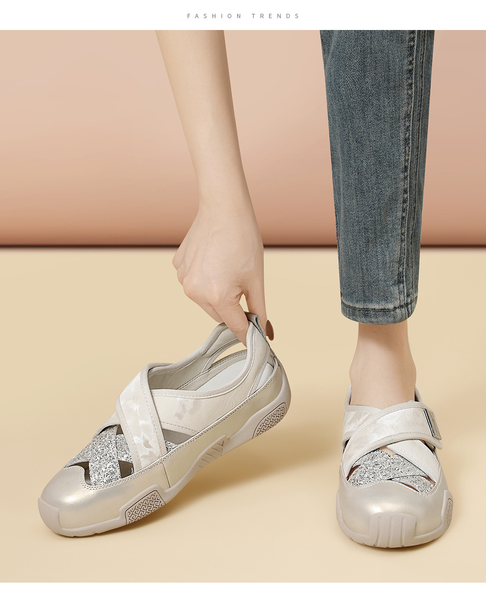 Sandal nữ quai chữ V đính sequin lỗ rỗng, đế mềm thoáng khí, dán Velcro tiện lợi — 6177 Trắng, 6177 Vàng chi tiết 6