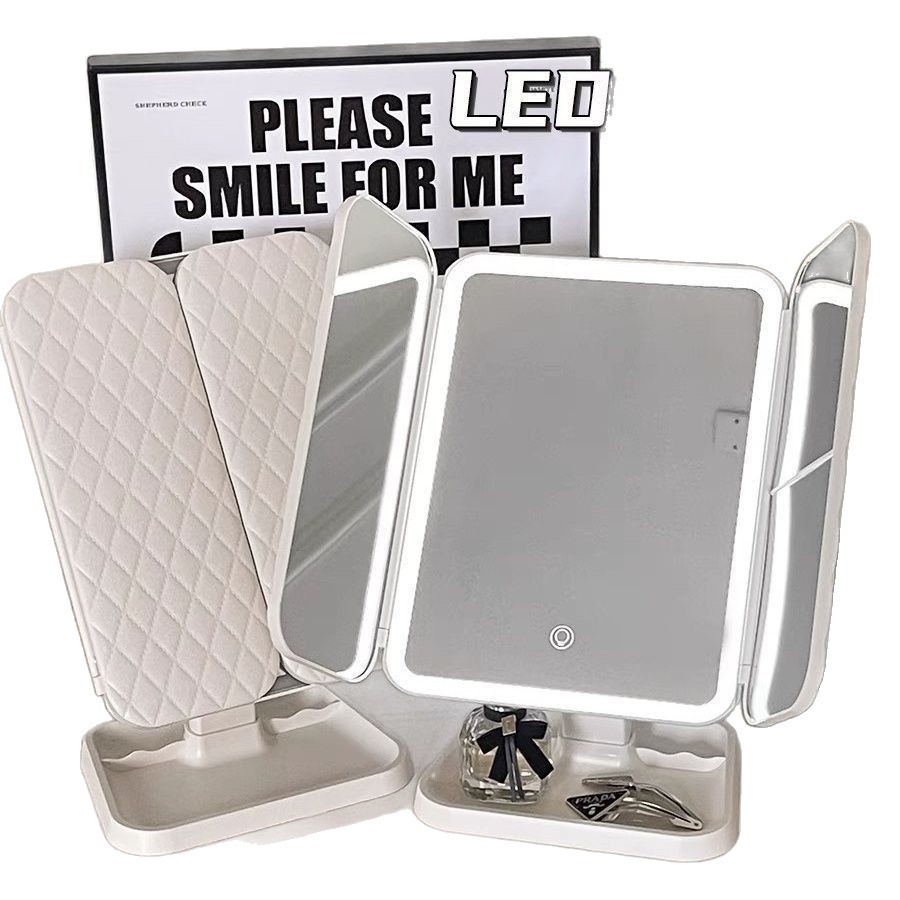 Nuevo espejo de maquillaje de escritorio LED dos en uno conchas de tres caras caja de almacenamiento plegable espejo de vestuario ajustable espejo doble abierto